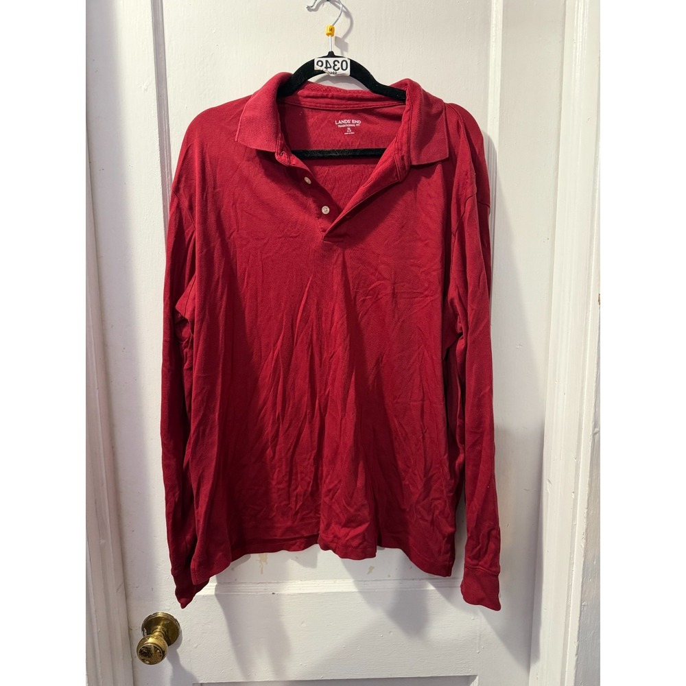 Lands End Red Traditional Fit Long Sleeve Henley Shirt in XL